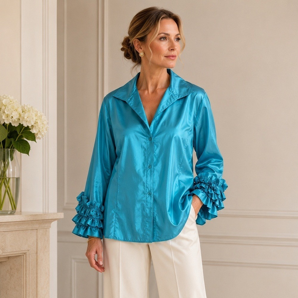 Lafayette 148 New York Women Turquoise 100% Silk Ruffle Cuff Blouse Top Size 18